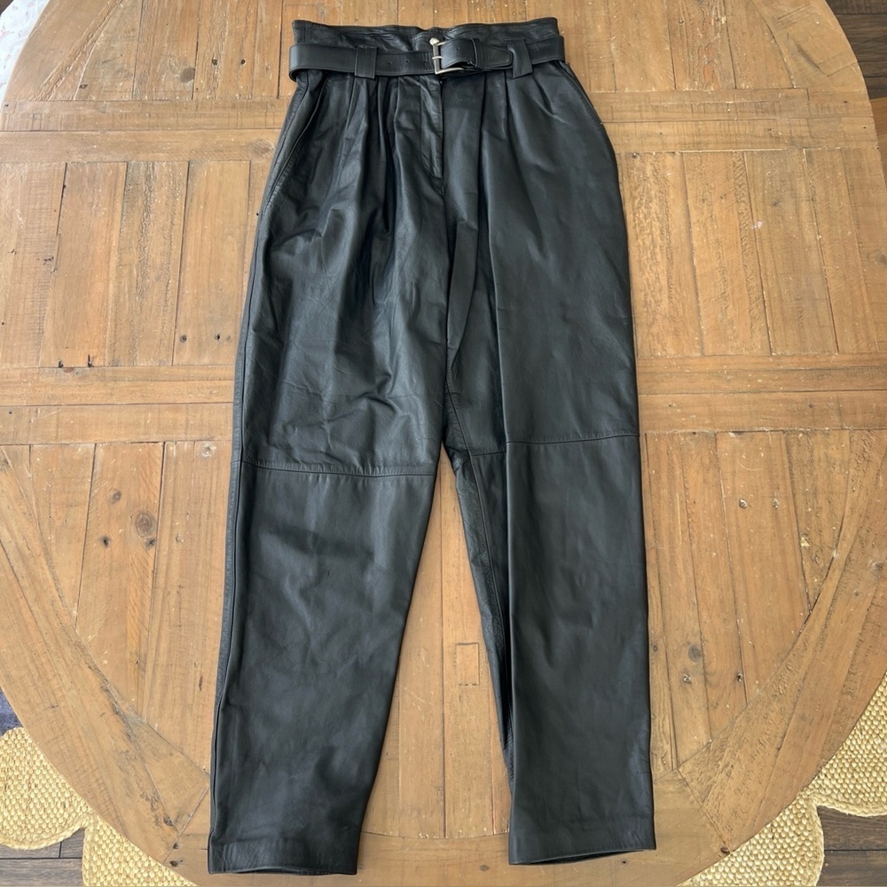 Wilson’s Vintage Leather Paper Bag Pants Women’s 12 Black 90s Belted Tapered Leg